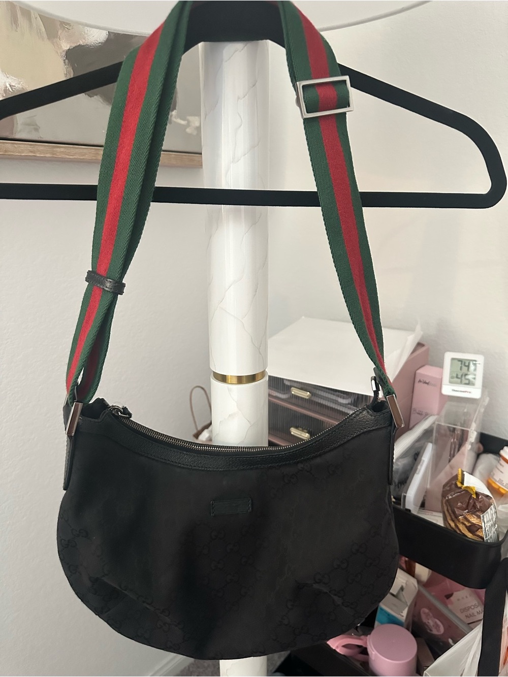 Gucci Black Shoulder Bag with Green and Red Web Strap